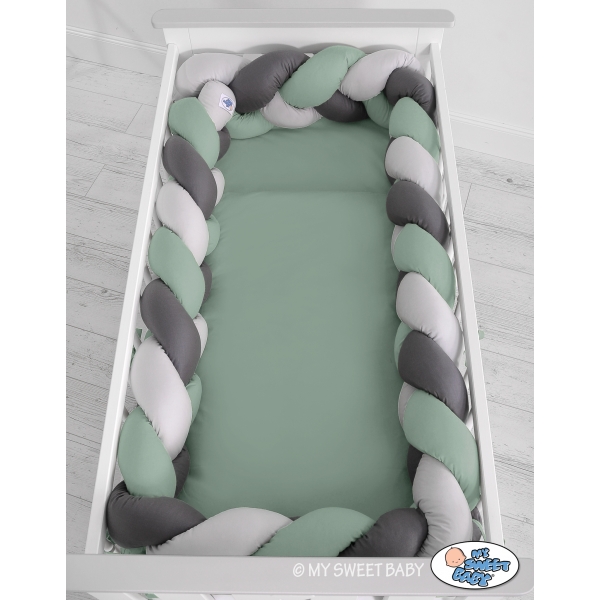 Bettschlange Geflochten - Kopfschutz für Babybett XXL- pastellgrün- grau - anthrazit