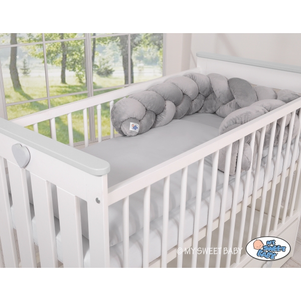 Bettumrandung Babybett Zopfmuster minky 180cm Kopfschutz für Kinderbett grau