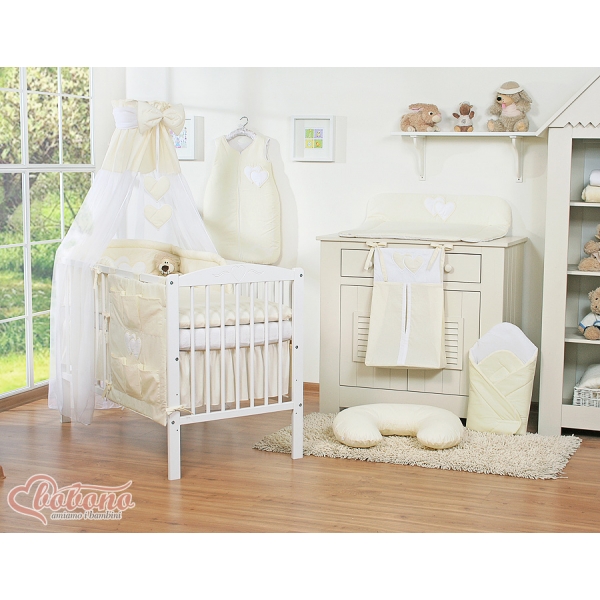 Bettwäsche Babybett Set 11-tlg mit Himmel - Hängende Herzen creme