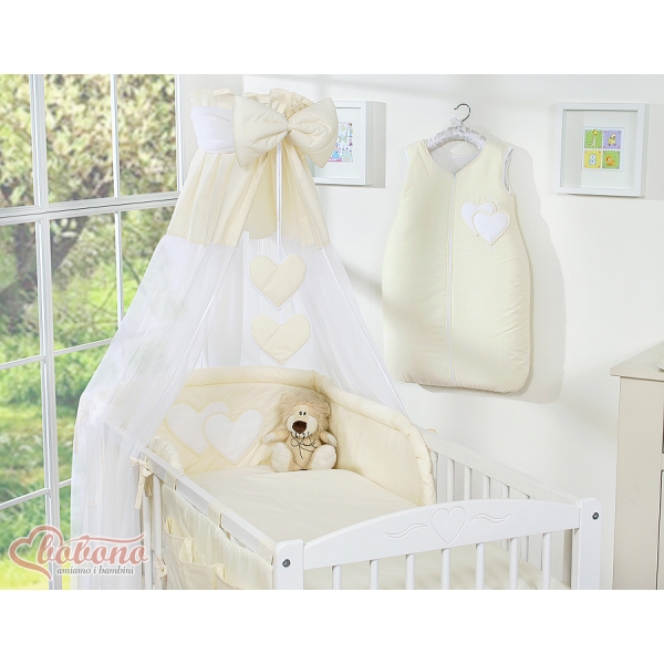Bettwäsche Babybett Set 11-tlg mit Himmel - Hängende Herzen creme
