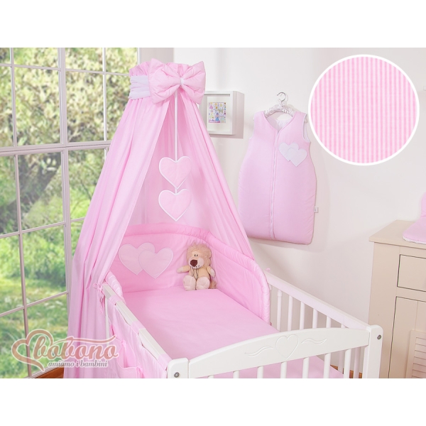 Babybettset 11-tlg mit Betthimmel - Hängende Herzen rosa gestreift