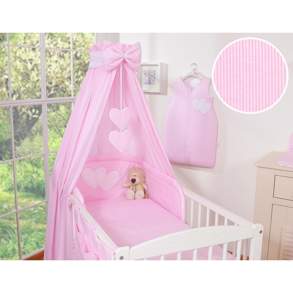 Babybettset 11-tlg mit Betthimmel - Hängende Herzen rosa gestreift