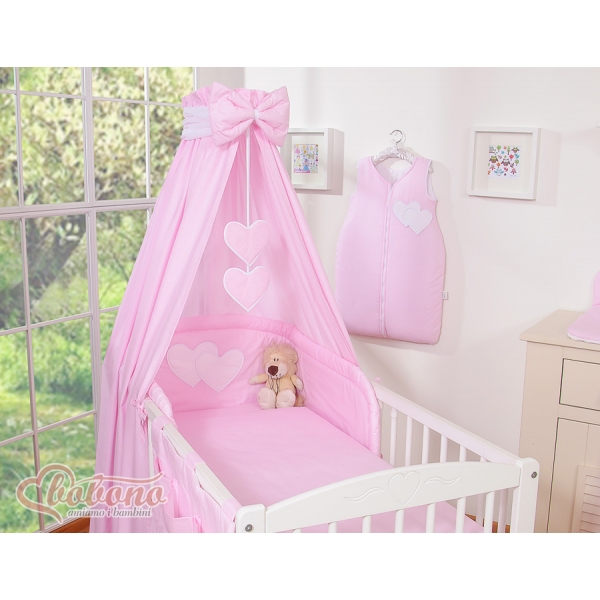 Babybettset 11-tlg mit Betthimmel - Hängende Herzen rosa gestreift