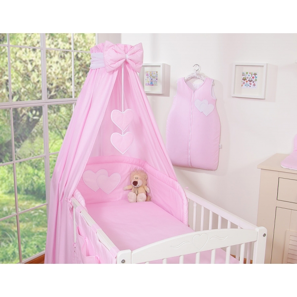 Babybettset 11-tlg mit Betthimmel - Hängende Herzen rosa gestreift