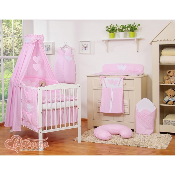 Babybettset 11-tlg mit Betthimmel - Hängende Herzen rosa gestreift