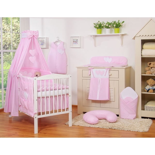 Babybettset 11-tlg mit Betthimmel - Hängende Herzen rosa gestreift
