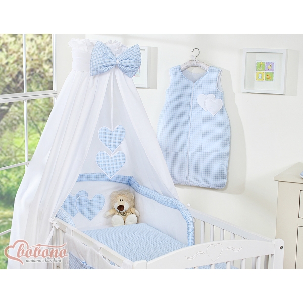 Baby Bettset 100x135 cm 11-tlg mit Himmel für Babybett - Hängende Herzen blau kariert