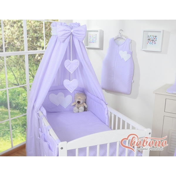Komplett Babybettwäsche Set 11-tlg mit Himmel für Babybett - Hängende Herzen Lila-Punktemuster