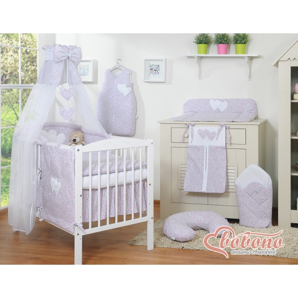 Bettwäsche Set 11-tlg mit Himmel für Babybett - Hängende Herzen rosa Blümchen