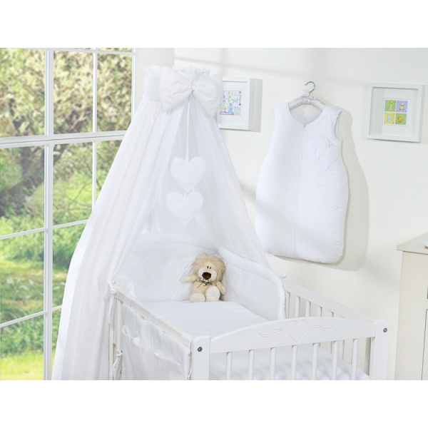 Bettwäsche Set 11-tlg mit Himmel für Babybett - Hängende Herzen weiß
