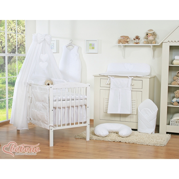 Bettwäsche Set 11-tlg mit Himmel für Babybett - Hängende Herzen weiß