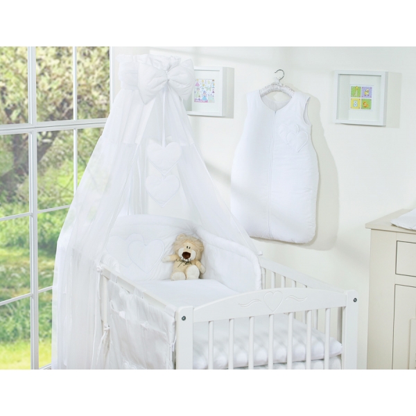 Bettwäsche Set 11-tlg mit Himmel für Babybett - Hängende Herzen weiß