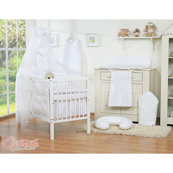 Bettwäsche Set 11-tlg mit Himmel für Babybett - Hängende Herzen weiß
