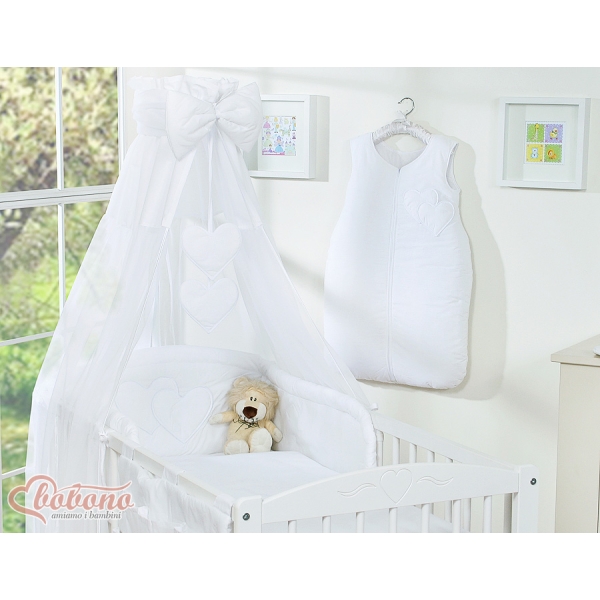 Bettwäsche Set 11-tlg mit Himmel für Babybett - Hängende Herzen weiß