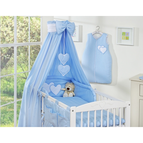 Bettset Babybett 11-tlg mit Himmel - Hängende Herzen blau