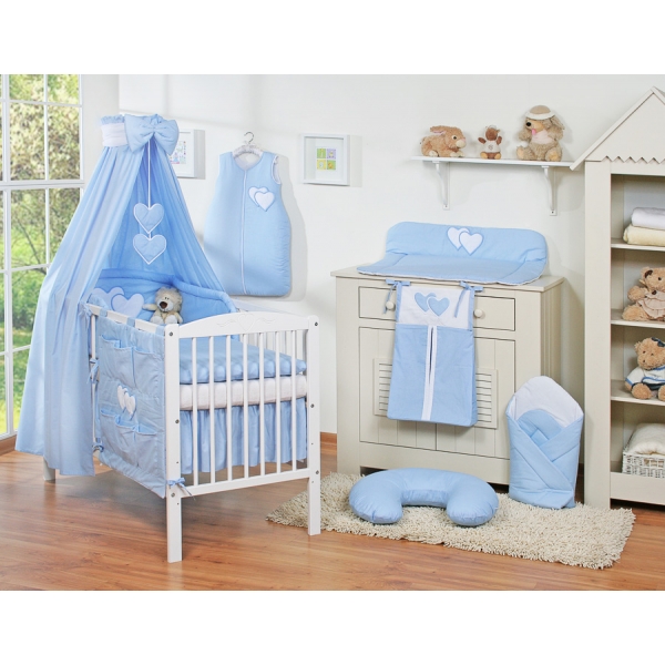 Bettset Babybett 11-tlg mit Himmel - Hängende Herzen blau