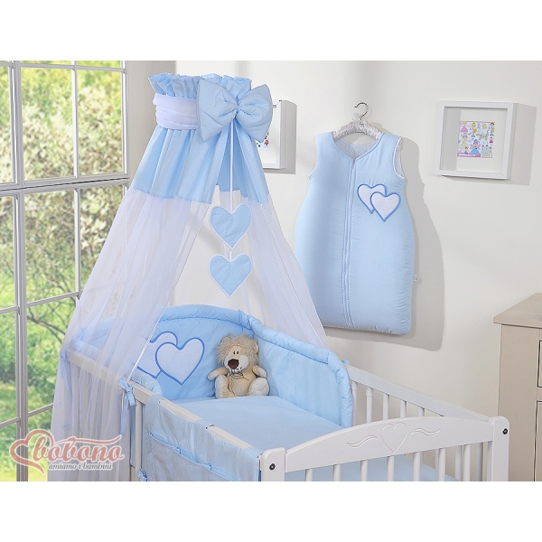 Bettset Babybett 11-tlg mit Himmel - Hängende Herzen blau