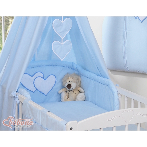 Blau Babybettwäsche Set 140x70 Gitterbett 11-tlg mit Himmel - Hängende Herzen
