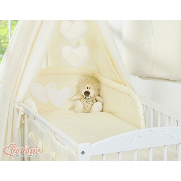 Bettwäsche Set 11-tlg mit Himmel für Kinderbett - Hängende Herzen creme