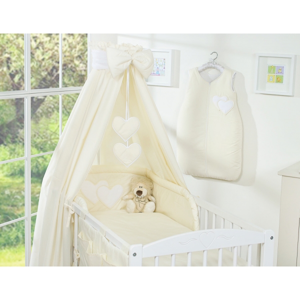 Bettwäsche Set 11-tlg mit Himmel für Kinderbett - Hängende Herzen creme