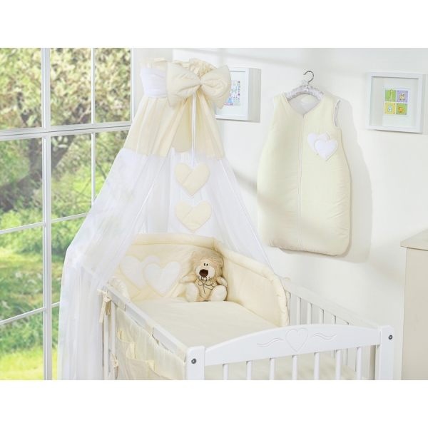 Bettwäsche Set 11-tlg mit Himmel für Kinderbett - Hängende Herzen creme