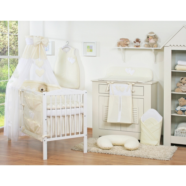 Bettwäsche Set 11-tlg mit Himmel für Kinderbett - Hängende Herzen creme