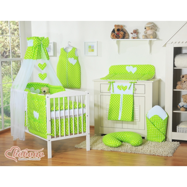 Babybettwäsche-Set 11-tlg mit Himmel - Hängende Herzen Grün-Punktemuster