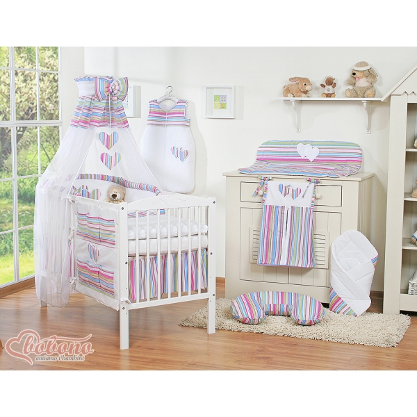 Babybettwäsche Set 11-tlg mit Himmel - Hängende Herzen lila gestreift 100x135 cm