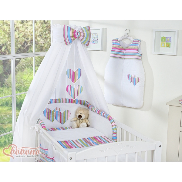 Babybettwäsche Set 11-tlg mit Himmel - Hängende Herzen lila gestreift 100x135 cm