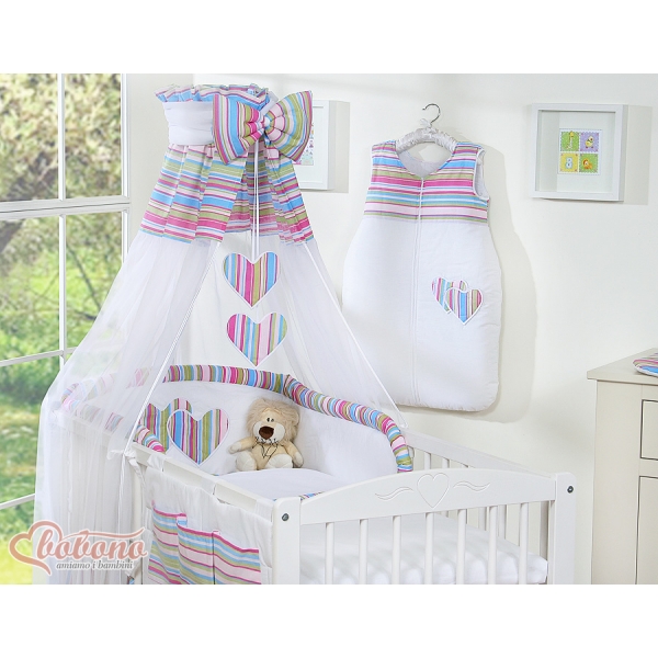 Babybettwäsche Set 11-tlg mit Himmel - Hängende Herzen lila gestreift 100x135 cm