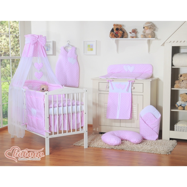 Babybettwäsche Set 100x135cm 11-tlg mit Himmel - Hängende Herzen Rosa-Punktemuster