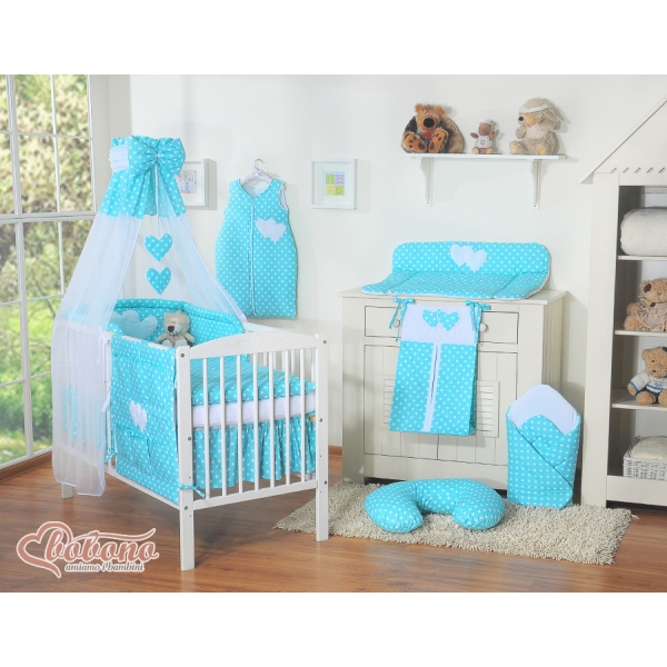 Bettwäsche Set 11-tlg mit Himmel - Hängende Herzen Türkis-Punktemuster Babybett 140x70cm