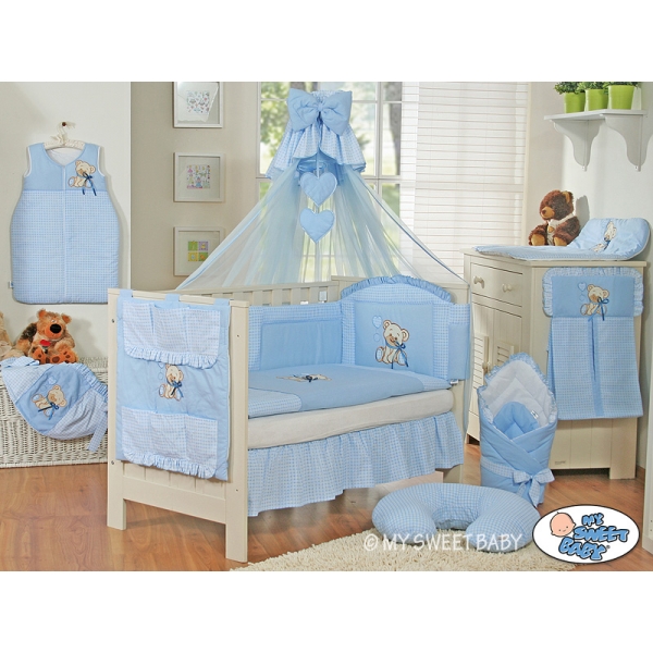 Baby Bettwäsche Set 11-tlg mit Mositonetz - Bär mit Schleife bleu