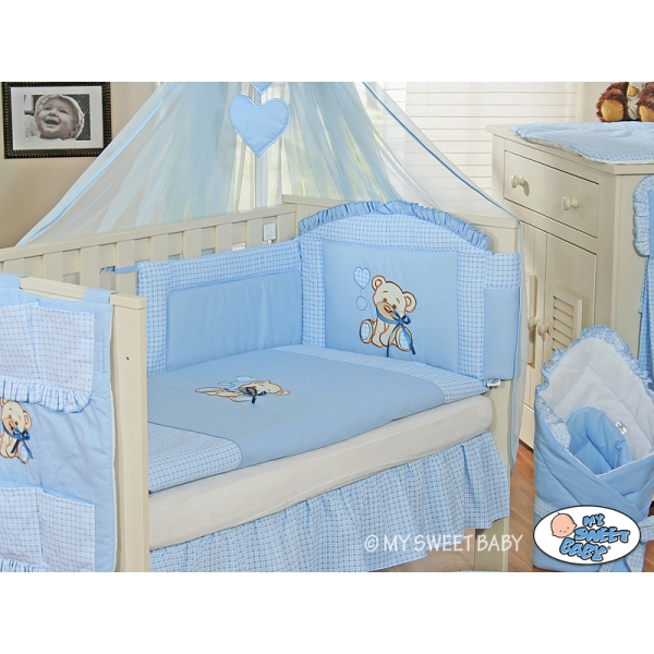 Baby Bettwäsche Set 11-tlg mit Mositonetz - Bär mit Schleife bleu