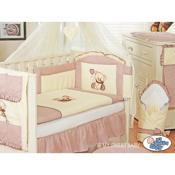 Bettwäscheset 11-tlg Mositonetz mit Stange für Babybett 60x120cm - Bär mit Schleife braun