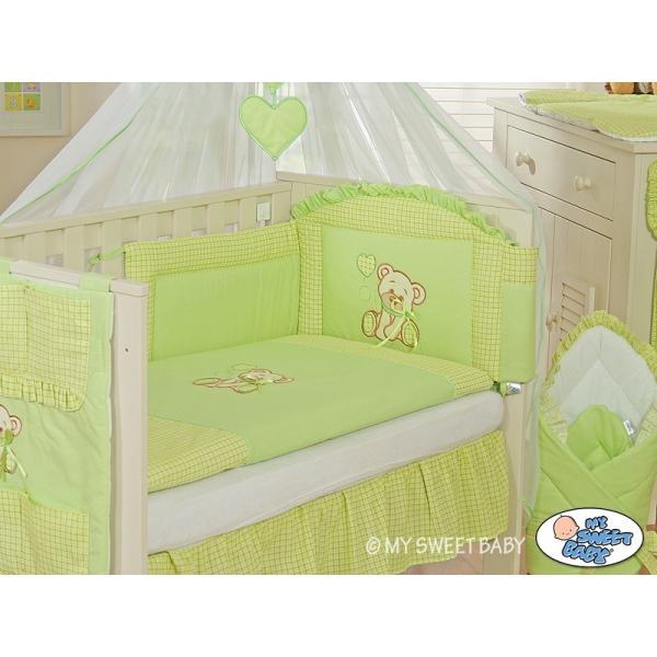 Babybett Bettwäsche Set 11-tlg mit Mositonetz - Bär mit Schleife grün