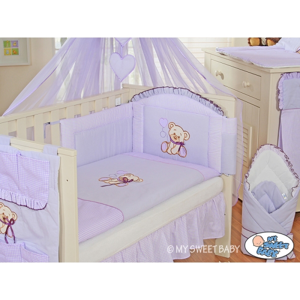 Baby Bettwäsche Set 11-tlg mit Mositonetz mit Himmelstange - Bär mit Schleife lila