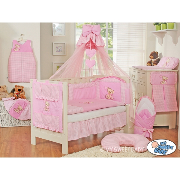 Bettset 11-tlg Bettwäsche Set mit Mositonetz für Babybett 120x60 - Bär mit Schleife rosa