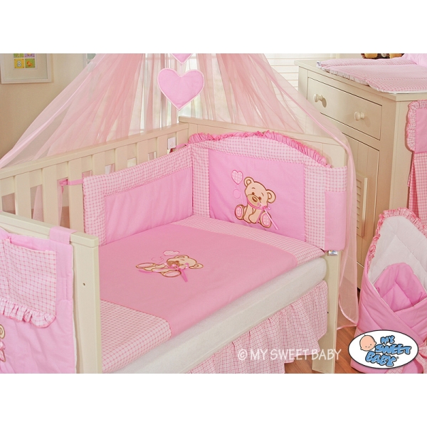 Bettset 11-tlg Bettwäsche Set mit Mositonetz für Babybett 120x60 - Bär mit Schleife rosa