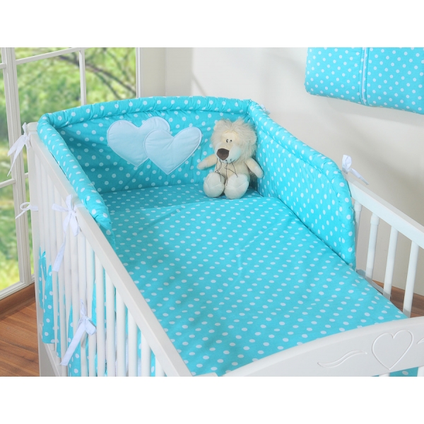 Bettwäsche Set 2-tlg für Kinderbett 60x120cm und 70x140cm - Hängende Herzen Türkis-Punktemuster