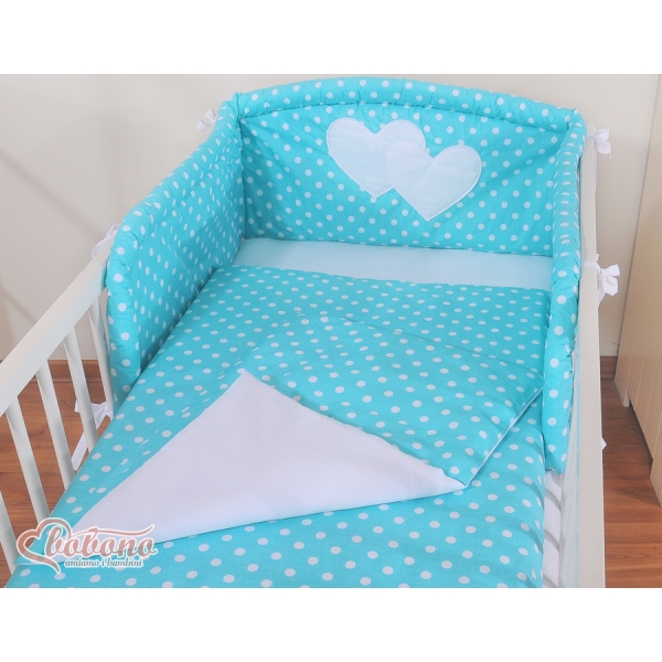 Bettwäsche Set 2-tlg für Kinderbett 60x120cm und 70x140cm - Hängende Herzen Türkis-Punktemuster