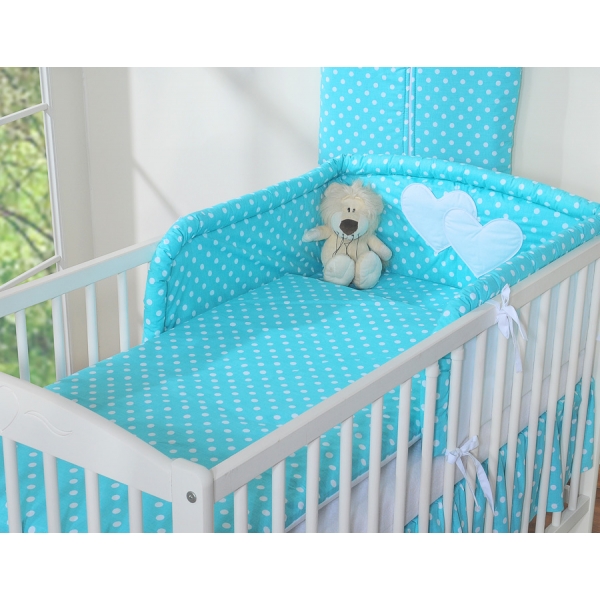 Bettwäsche Set 2-tlg für Kinderbett 60x120cm und 70x140cm - Hängende Herzen Türkis-Punktemuster