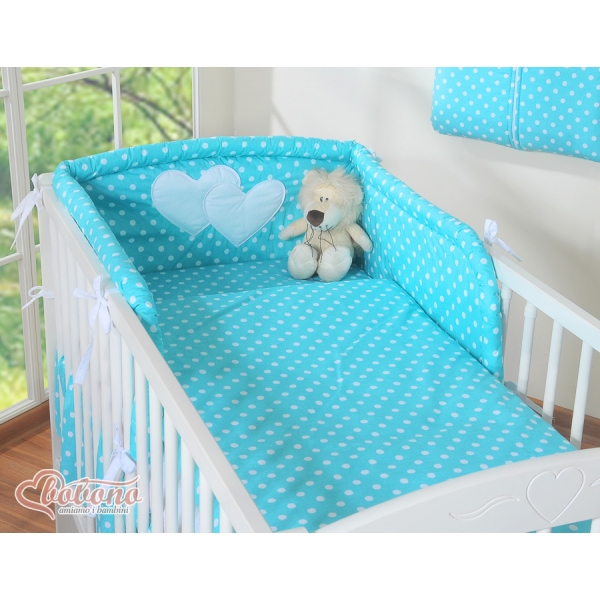 Bettwäsche Set 2-tlg für Kinderbett 60x120cm und 70x140cm - Hängende Herzen Türkis-Punktemuster