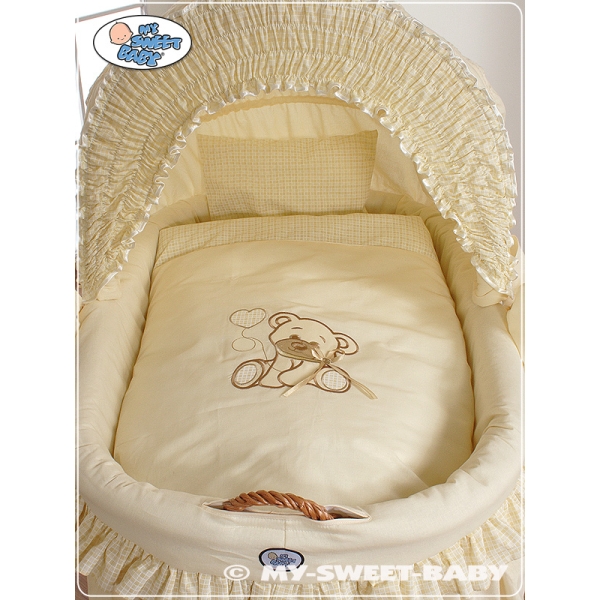 Bettwäsche für Stubenwagen Set 2-tlg mit Stickerei Bär mit Schleife Beige