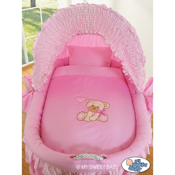 Rosa Bettwäsche für Stubenwagen Set 2-tlg mit Stickerei Bär mit Schleife