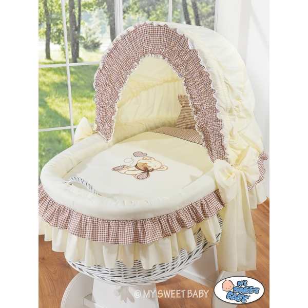 Bettwäsche Set 2-tlg für Stubenwagen mit Stickerei Bär mit Schleife Beige Braun