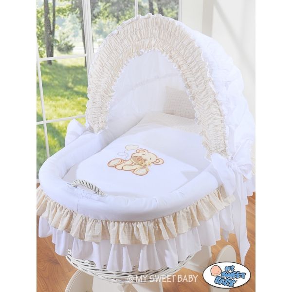 Bettwäsche für Stubenwagen Set 2-tlg  mit Stickerei Bär mit Schleife Weiß-Beige