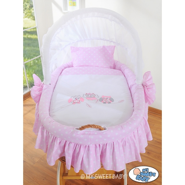 Bettwäsche Set 2-tlg für Stubenwagen mit Stickerei Eulen Rosa