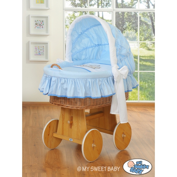 Bettwäsche Set für Stubenwagen 2-tlg Blau mit Stickerei Bär