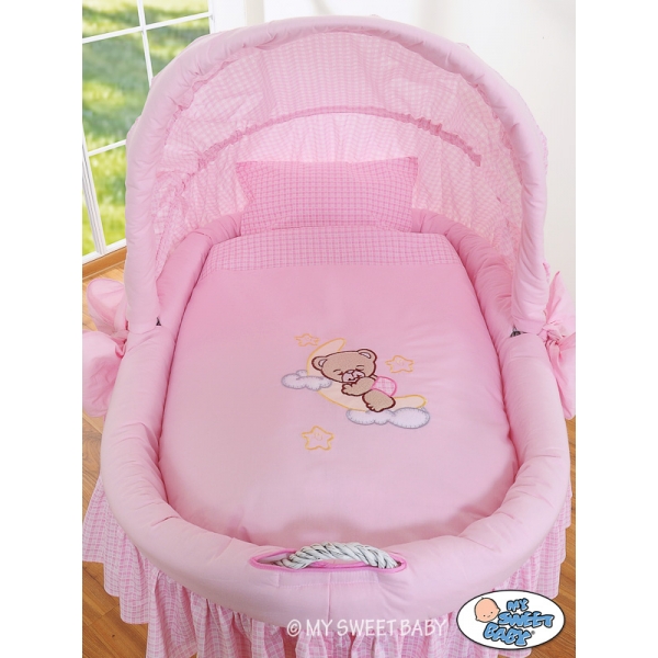 Bettwäsche für Stubenwagen mit Bär Stickerei Rosa